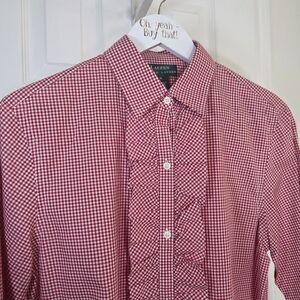 NEW Lauren Ralph Lauren Checkered Gingham Red Cotton Button Up Shirt Size Medium